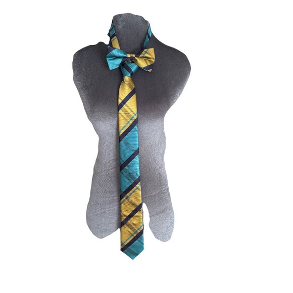 Striped Yellow & Teal Tie With Bow Tie Combo For Men - Picture 1 of 4